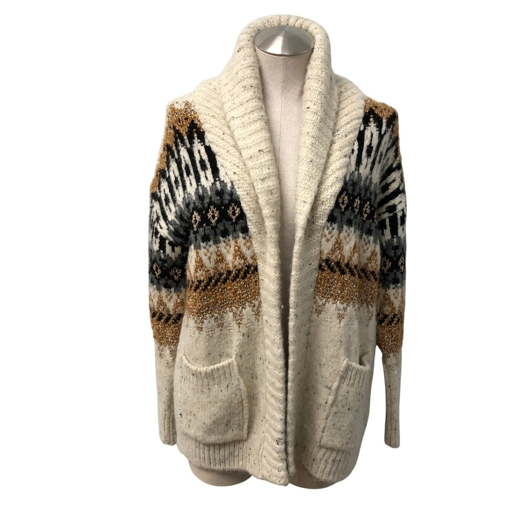 Anthropologie Cardigan Womens Small Cream Fair Isle Metallic Shawl Collar Pocket